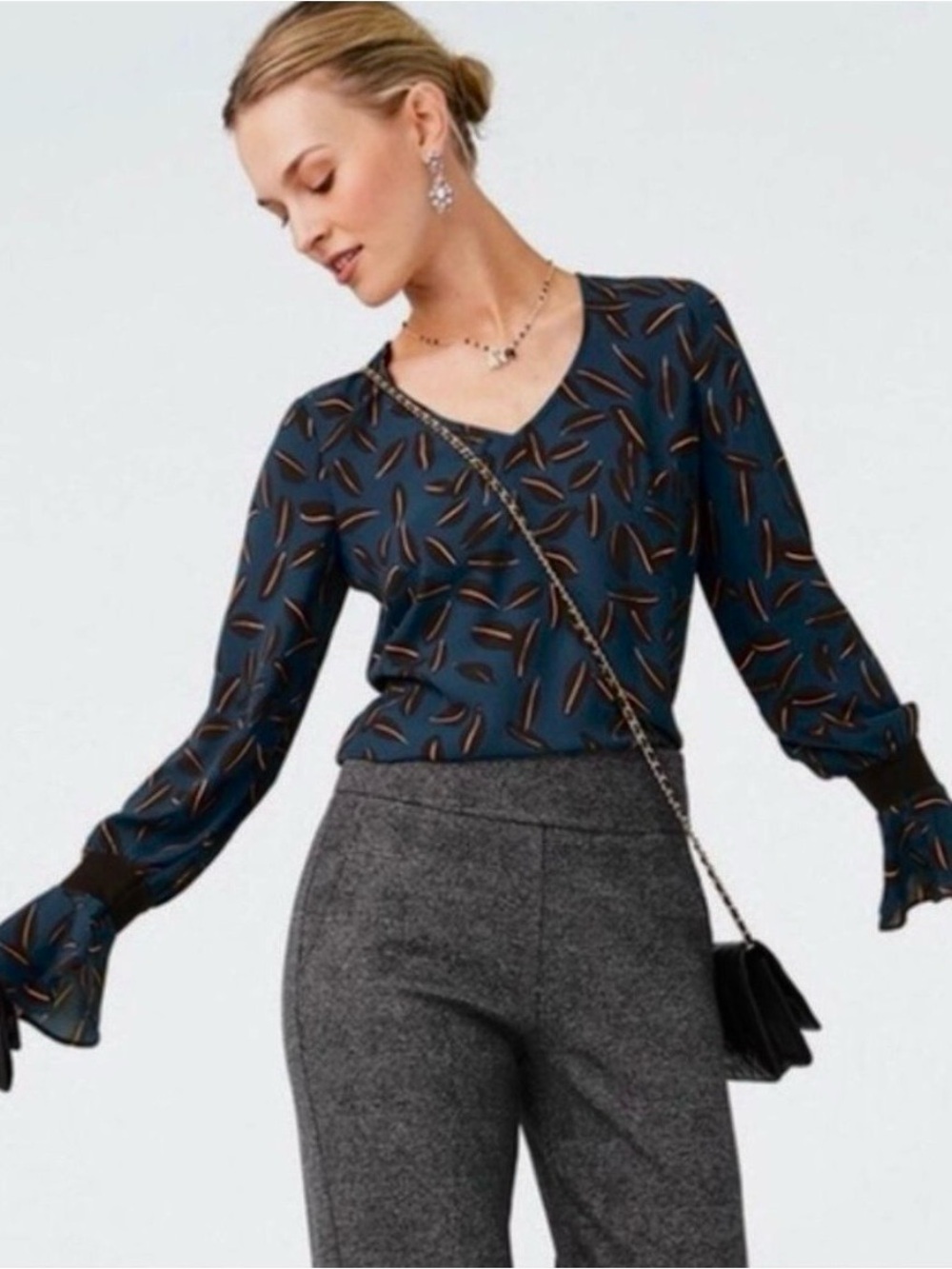 Cabi Teal Shadow Leaf V-Neck Blouse #3763, Size S
